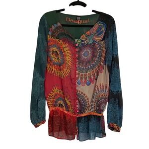 Desigual‎ Long Sleeve Patchwork Mandala Blouse Top Women Colorful Size M